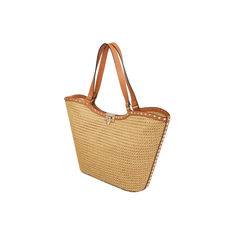 Valentino Rockstud Raffia Tote Bag Shopping Bag Handbag Women's Natural Apricot Pulp-3