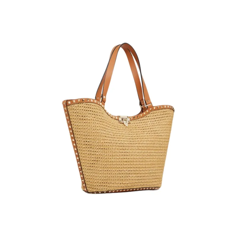 Valentino Rockstud Raffia Tote Bag Shopping Bag Handbag Women's Natural Apricot Pulp-1