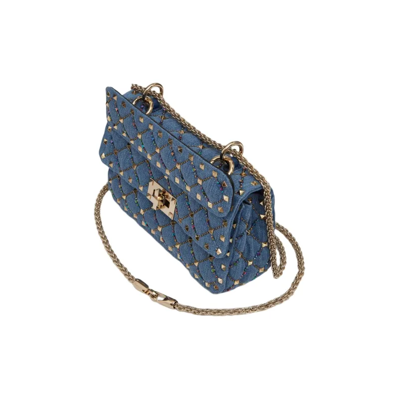 Valentino Rockstud Embroidered Denim Shoulder Bag Crossbody Bag Small Size Women's Blue-4