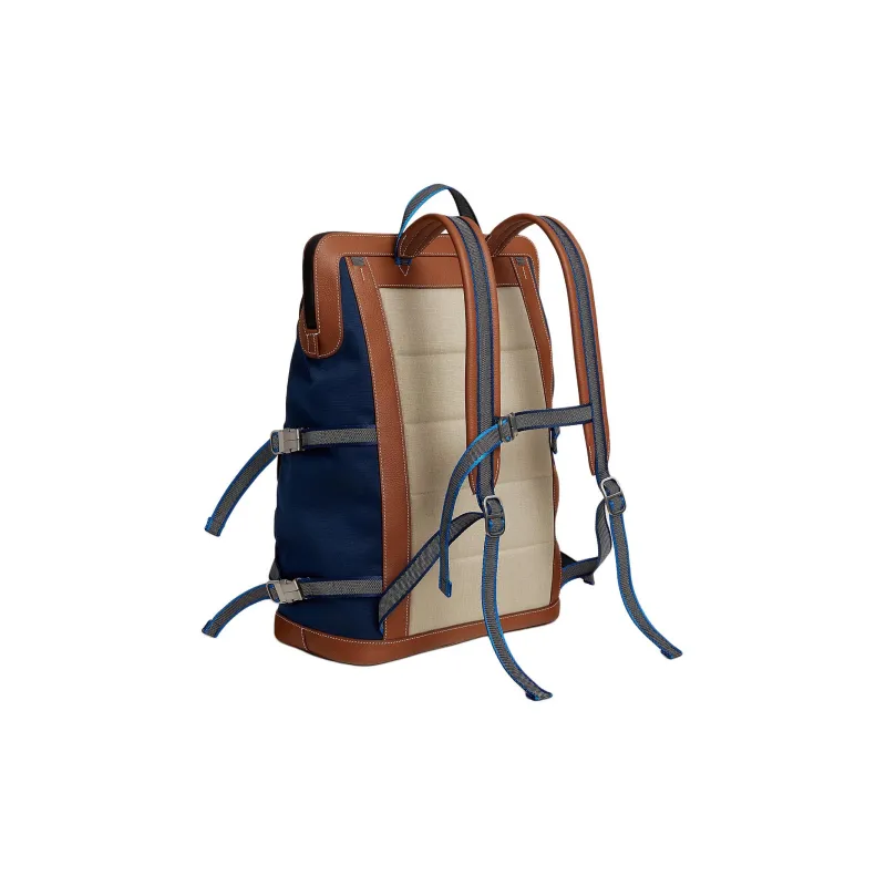 HERMES Canvas With Regate Taurillon Leather Backpack Unisex Light Tawny Patchwork Blue-2