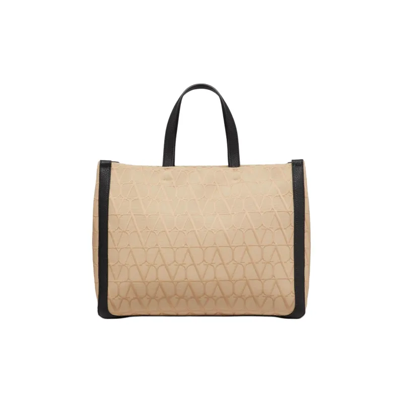 Valentino Calfskin Tote Bag Shopping Bag Handbag Medium Size Men's Beige & Black-3