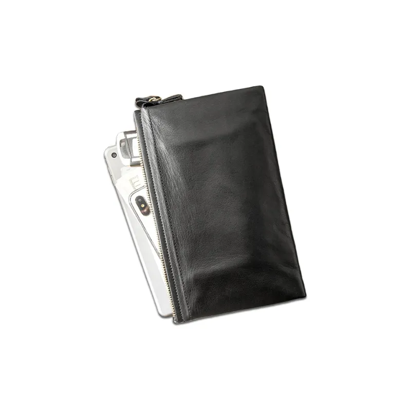Back Step Top Grain Cow Leather Genuine Leather Handheld Bag Clutch Small Size Unisex Black-3
