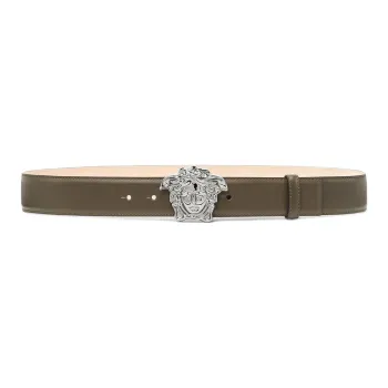 VERSACE Solid Color Design Smooth Buckle Leather Belts Men's Brown Width: 4CM