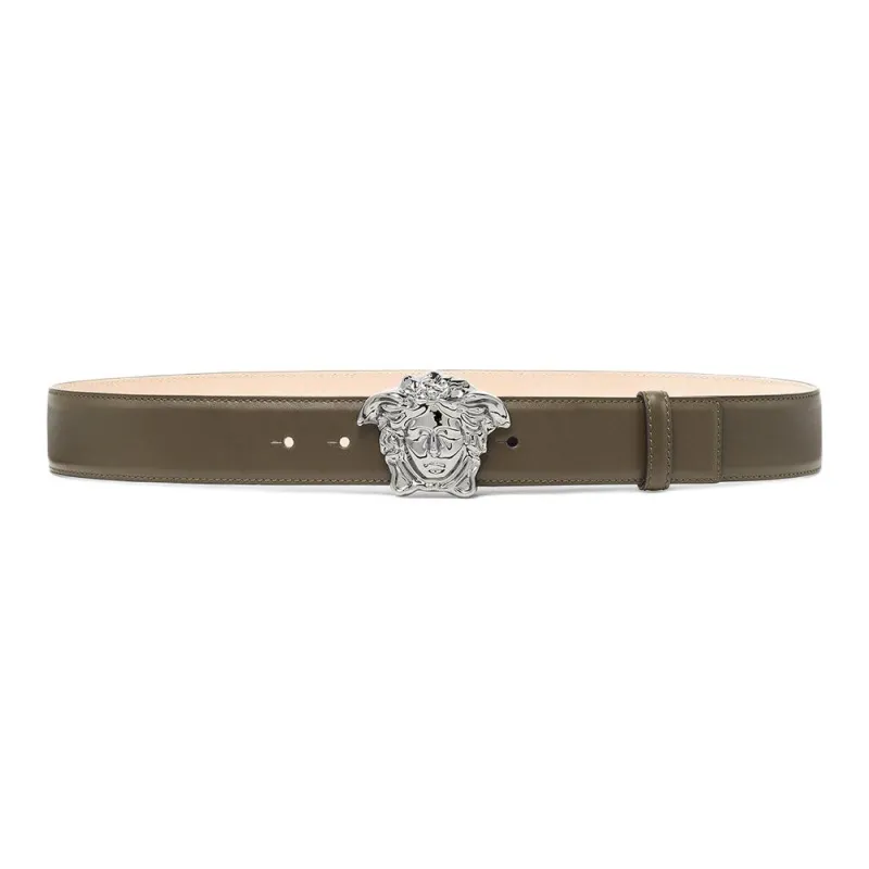 VERSACE Solid Color Design Smooth Buckle Leather Belts Men's Brown Width: 4CM-0