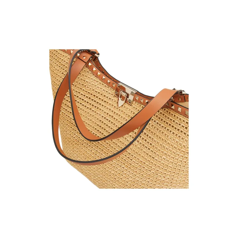 Valentino Rockstud Raffia Tote Bag Shopping Bag Handbag Women's Natural Apricot Pulp-5