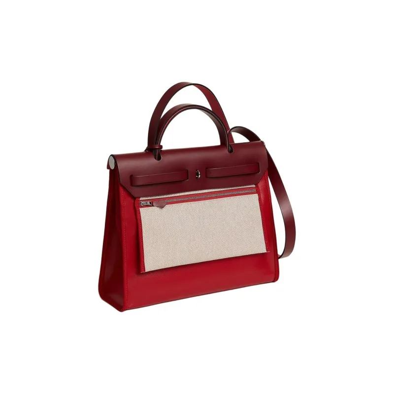 HERMES Herbag Berline Waterproof Canvas With Hunter Calfskin Handbag Shoulder Bag Crossbody Bag Women's Hermès Red-2