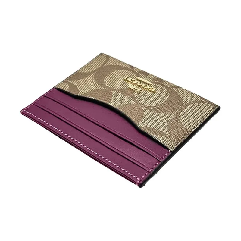 COACH Card Case Cow Leather Wallet Card Holder Card Holder Women's Khaki With Dark Berry-1