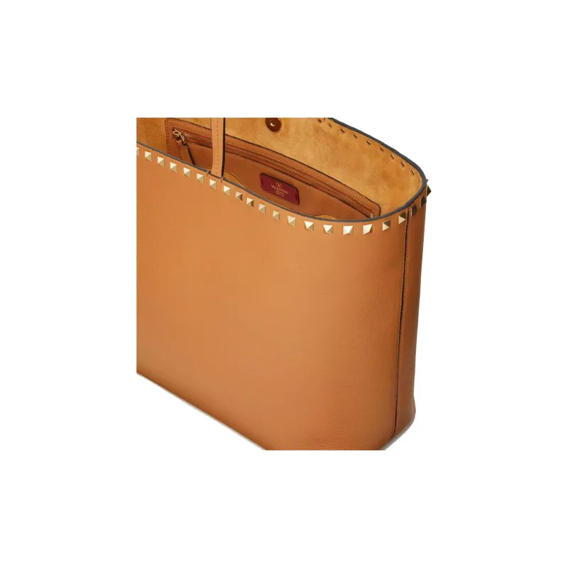 Valentino Rockstud Grain Calfskin Tote Bag, Shopping Bag, Handbag Women's Almond-5