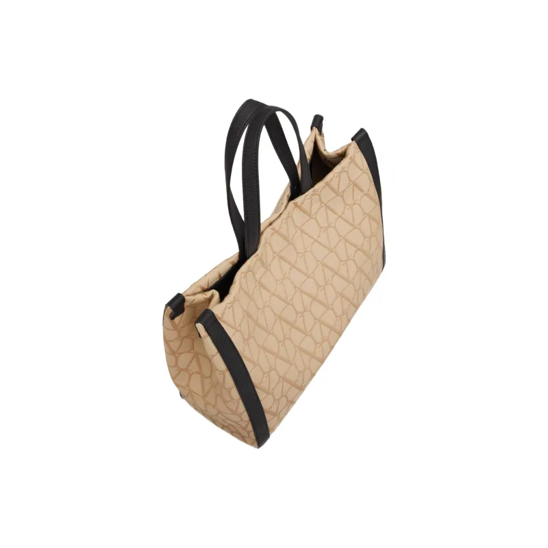 Valentino Calfskin Tote Bag Shopping Bag Handbag Medium Size Men's Beige & Black-4