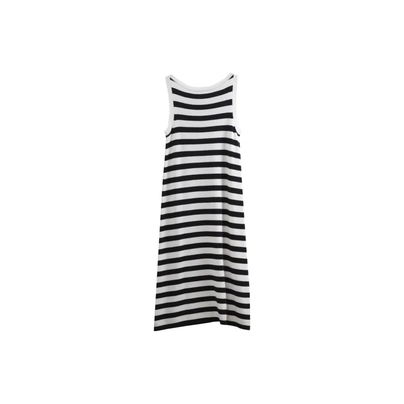 Olrain Sleeveless Dress Women's Black White Stripes-1