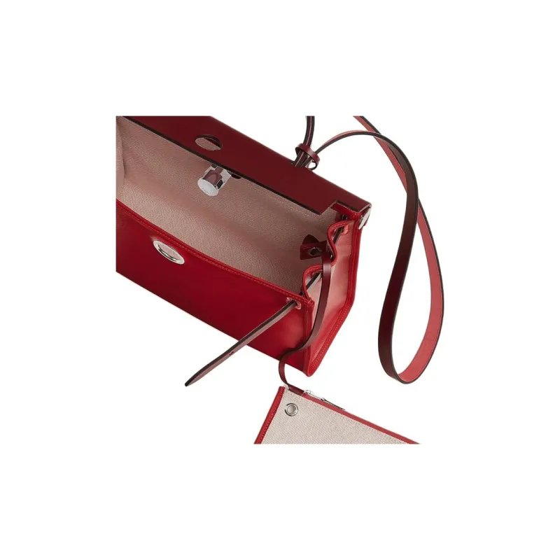 HERMES Herbag Berline Waterproof Canvas With Hunter Calfskin Handbag Shoulder Bag Crossbody Bag Women's Hermès Red-3