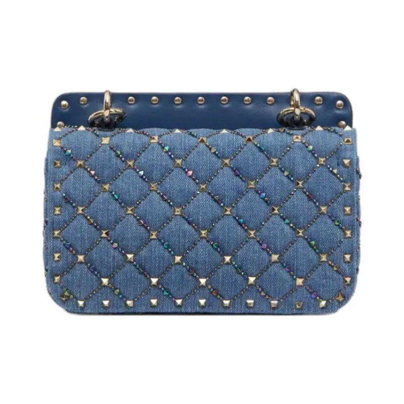 Valentino Rockstud Embroidered Denim Shoulder Bag Crossbody Bag Small Size Women's Blue-3