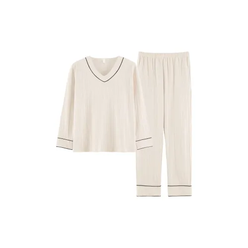 Mulong Family Spring And Autumn Women's Double-Sided 100% Cotton Long-Sleeved Plus Size Set Loungewear Pajama White