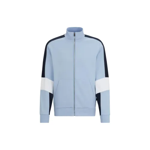 HUGO BOSS Cotton-Blend Zip-Up Sweatshirt With Colour-Blocking Jackets Coats Men's Light Blue