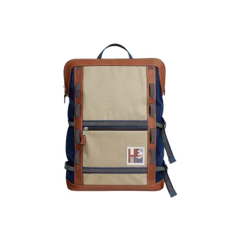 HERMES Canvas With Regate Taurillon Leather Backpack Unisex Light Tawny Patchwork Blue