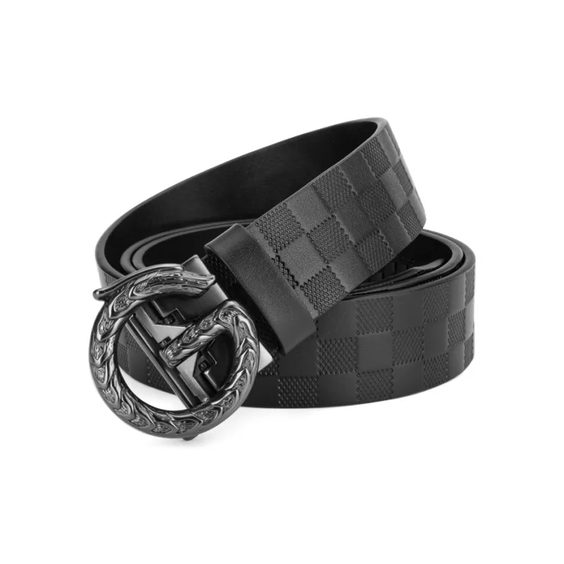 Cows Reign G Dragon Head Automatic Buckle Plaid Genuine Leather Belt Top Grain Cow Leather Business Leather Belts Men's-3