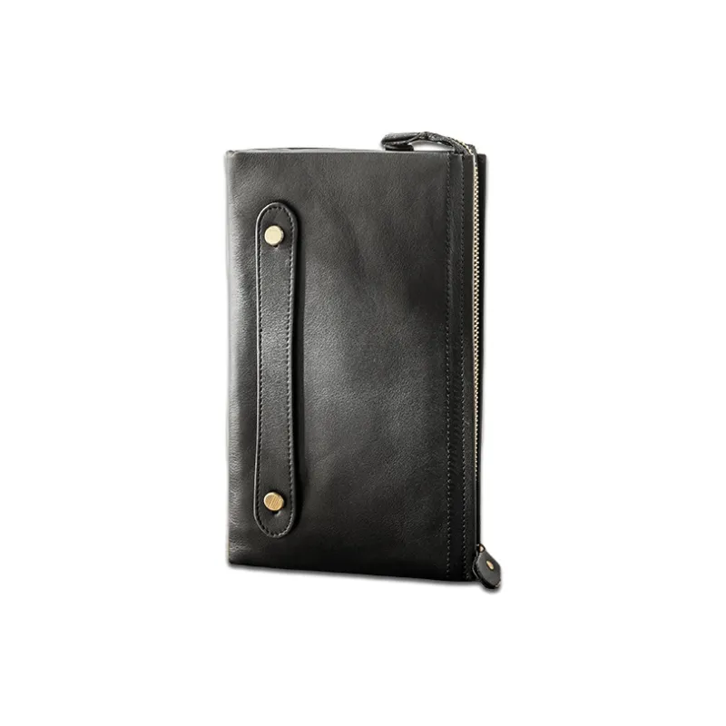 Back Step Top Grain Cow Leather Genuine Leather Handheld Bag Clutch Small Size Unisex Black-2