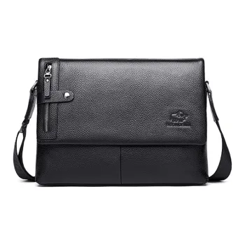 BISON DENIM Top Grain Cow Leather With Genuine Cow Leather Shoulder Bag Men's Black