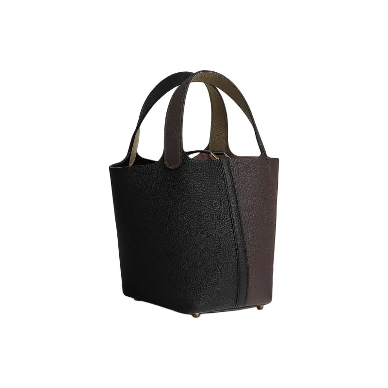 HERMES Picotin Clemence Bullock Leather Basket Bag Handbag Women's Black & Beige-2