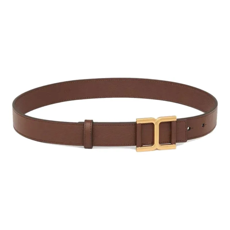 Chloe Solid Color Decoration Smooth Buckle Leather Belts Women's Brown Width: 3CM-0