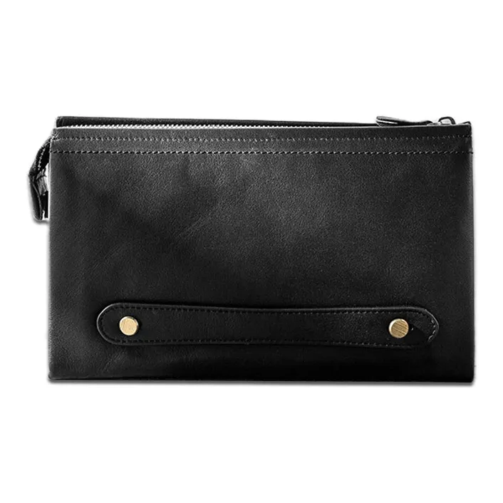 Back Step Top Grain Cow Leather Genuine Leather Handheld Bag Clutch Small Size Unisex Black-1