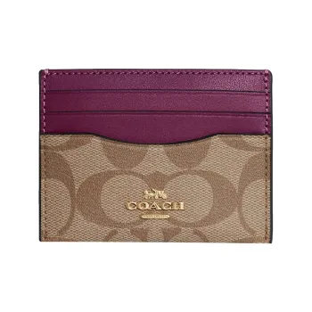 COACH Card Case Cow Leather Wallet Card Holder Card Holder Women's Khaki With Dark Berry