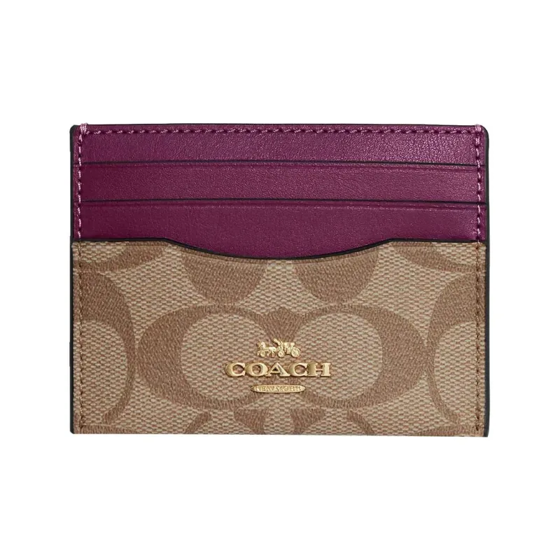 COACH Card Case Cow Leather Wallet Card Holder Card Holder Women's Khaki With Dark Berry-0