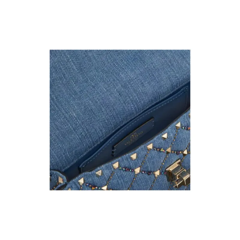 Valentino Rockstud Embroidered Denim Shoulder Bag Crossbody Bag Small Size Women's Blue-5