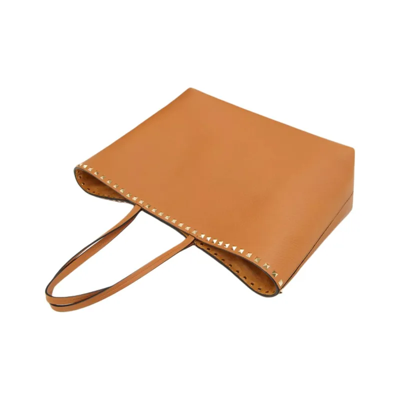 Valentino Rockstud Grain Calfskin Tote Bag, Shopping Bag, Handbag Women's Almond-4