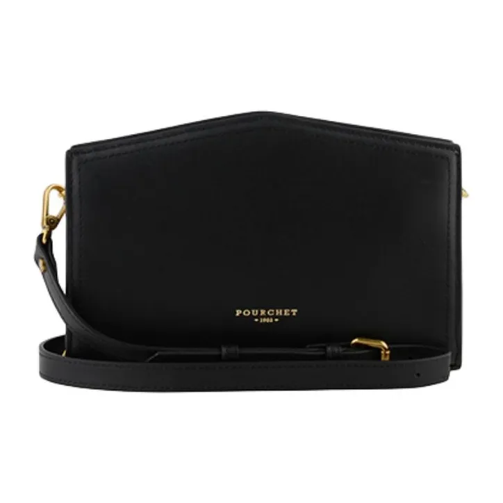 POURCHET Top Grain Cow Leather Shoulder Bag Crossbody Bag Medium Size Women's Black/Sand Yellow-0