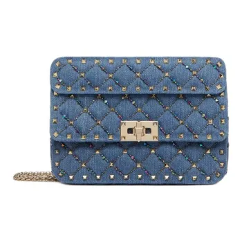 Valentino Rockstud Embroidered Denim Shoulder Bag Crossbody Bag Small Size Women's Blue