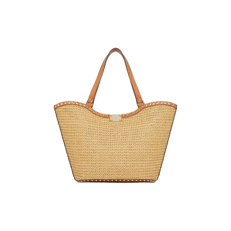 Valentino Rockstud Raffia Tote Bag Shopping Bag Handbag Women's Natural Apricot Pulp-4