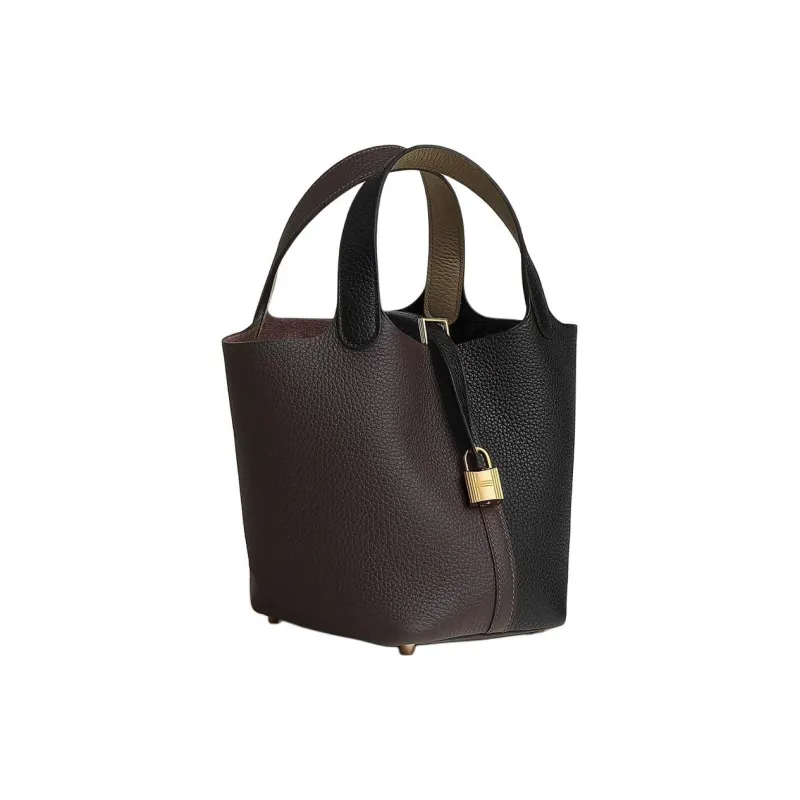 HERMES Picotin Clemence Bullock Leather Basket Bag Handbag Women's Black & Beige-1