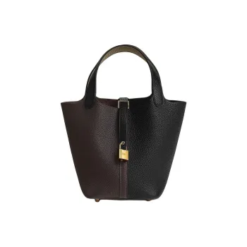 HERMES Picotin Clemence Bullock Leather Basket Bag Handbag Women's Black & Beige