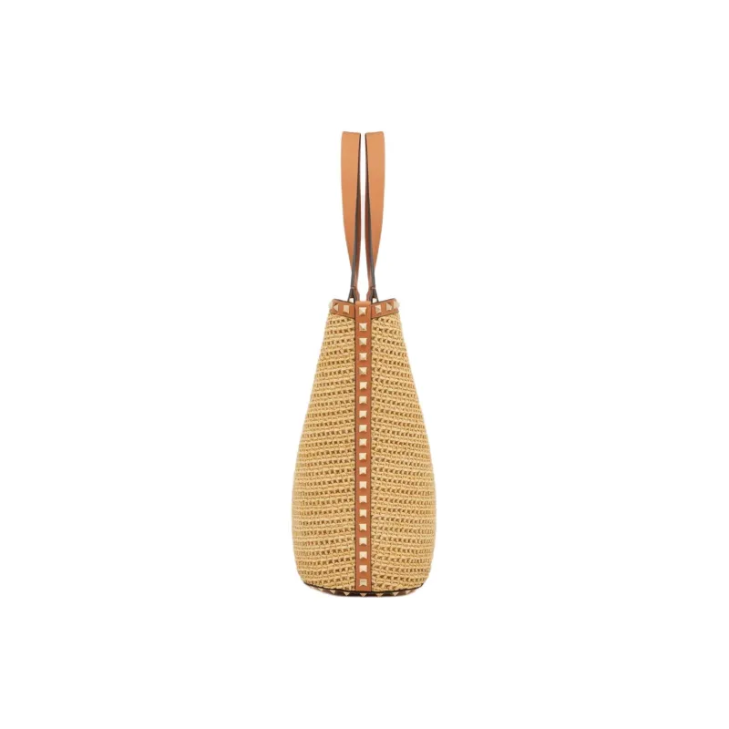 Valentino Rockstud Raffia Tote Bag Shopping Bag Handbag Women's Natural Apricot Pulp-2