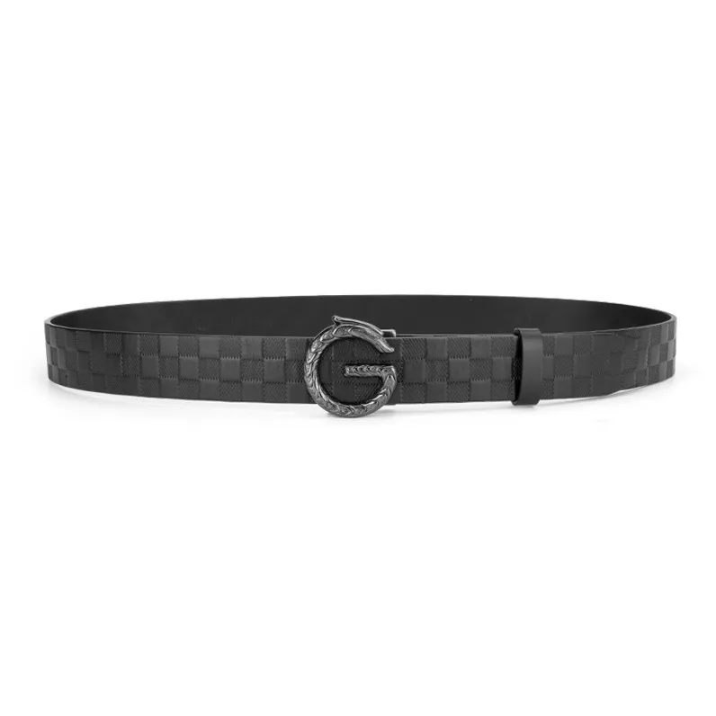 Cows Reign G Dragon Head Automatic Buckle Plaid Genuine Leather Belt Top Grain Cow Leather Business Leather Belts Men's-4