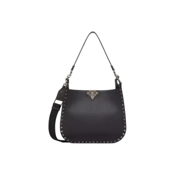 Valentino ROCKSTUD Grained Calfskin Hobo Bag Portable Crossbody Bag Shoulder Bag Women's Black