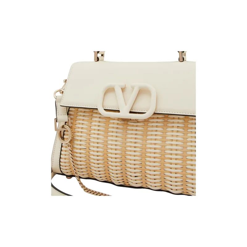 Valentino VSLING Wicker Shoulder Bag Crossbody Bag Handbag Small Size Women's Natural Color With Ivory Accents-5
