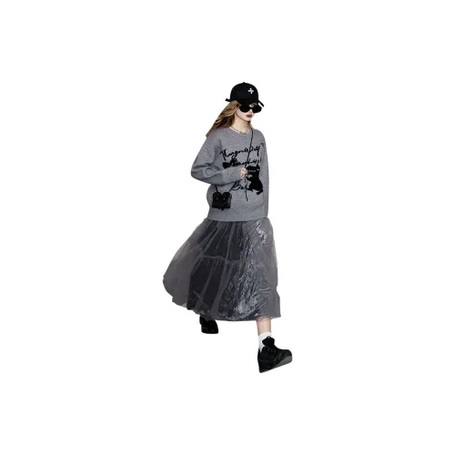 ELF SACK Two Piece Skirt Sets Women's Red Eye Gray