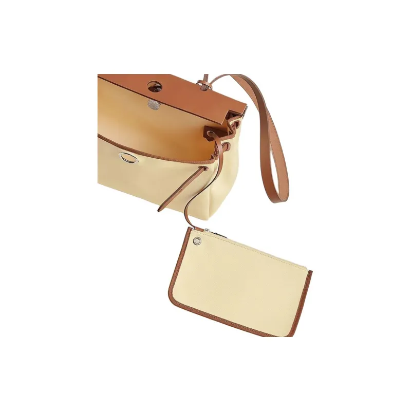 HERMES Herbag Zip Canvas With Hunter Cow Leather Handbag Shoulder Bag Crossbody Bag Women's Light Yellow Brown-3
