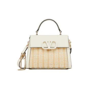 Valentino VSLING Wicker Shoulder Bag Crossbody Bag Handbag Small Size Women's Natural Color With Ivory Accents
