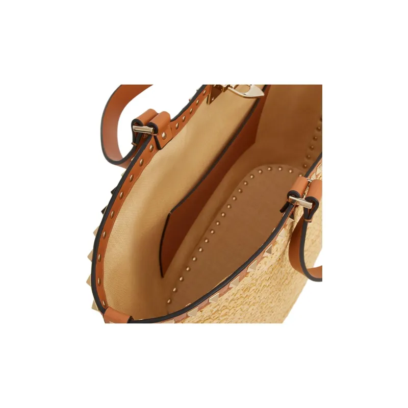 Valentino Rockstud Raffia Tote Bag Shopping Bag Handbag Women's Natural Apricot Pulp-6