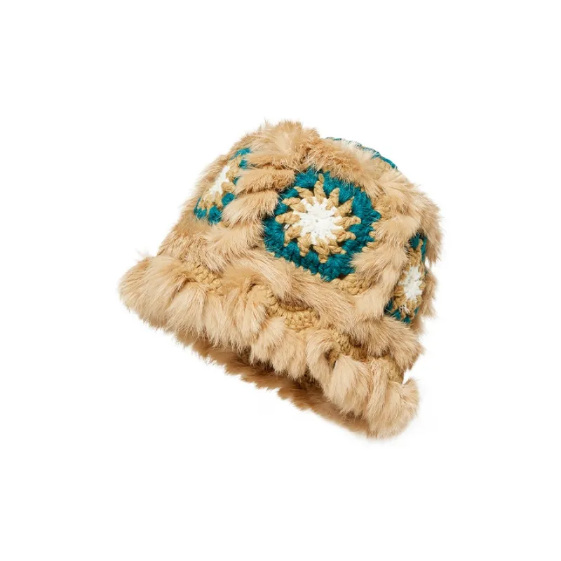 Narandu Rabbit Hair Beanies Women's Khaki With Blue Print/Green Floral-2