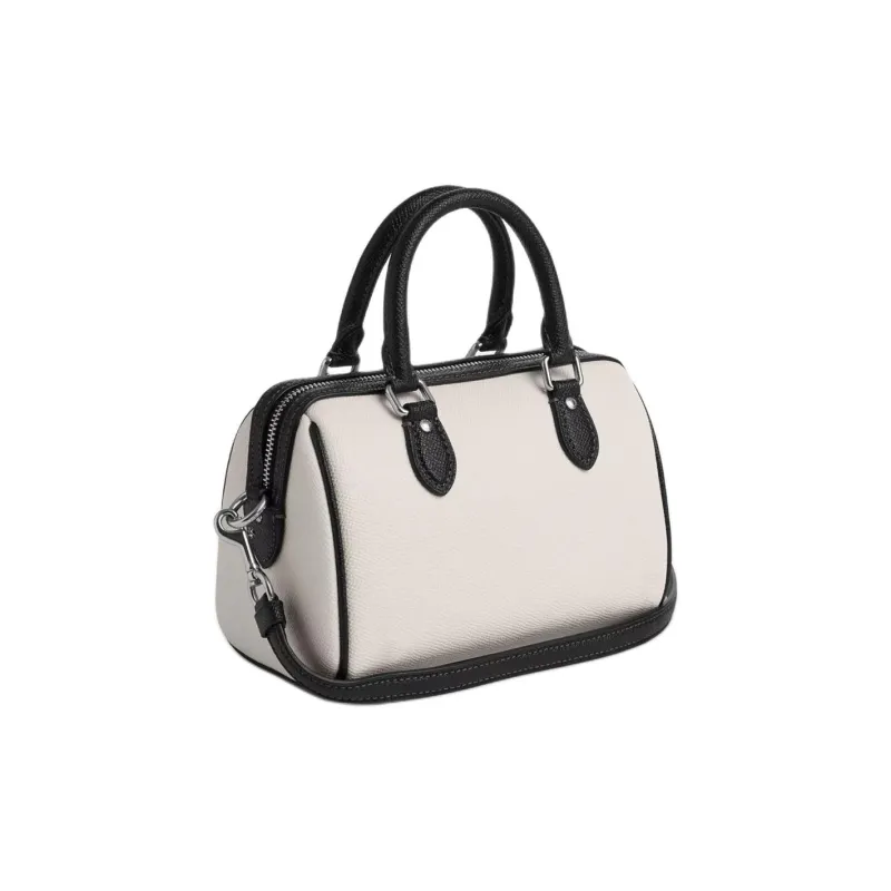 COACH Cross-Stitch Leather Boston Bag Handbag Shoulder Bag Crossbody Bag Mini Women's Chalk White With Black-1