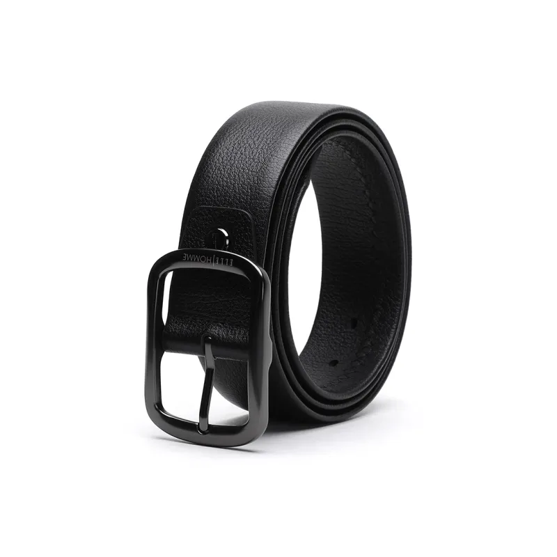 ELLE HOMME Pin Buckle Belt Sun Buckle Fashion Trend Top Grain Cow Leather, Alloy Buckle Belt Men's Black Width 3.85cm-1
