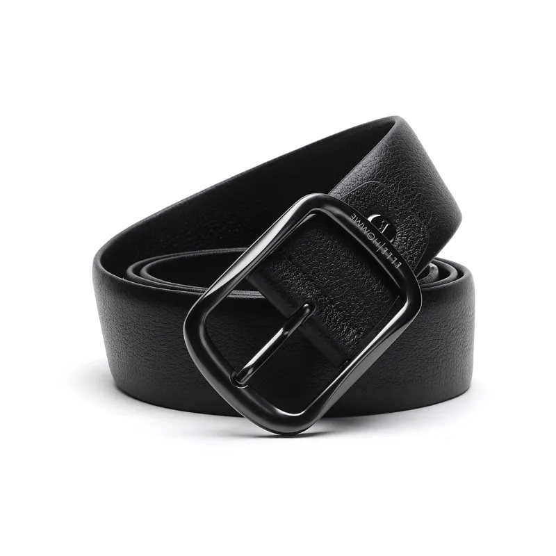 ELLE HOMME Pin Buckle Belt Sun Buckle Fashion Trend Top Grain Cow Leather, Alloy Buckle Belt Men's Black Width 3.85cm-0