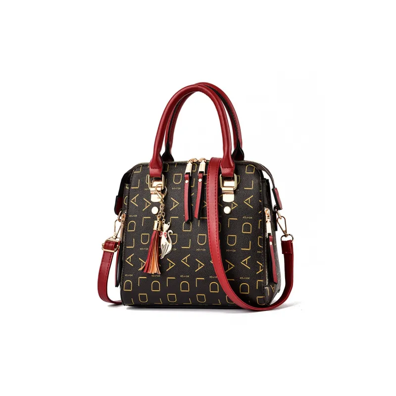 Dusen Kangaroo PU Crossbody Bag, Shoulder Bag, Handbag Medium Size Women's Burgundy/Black/Earth Yellow-0