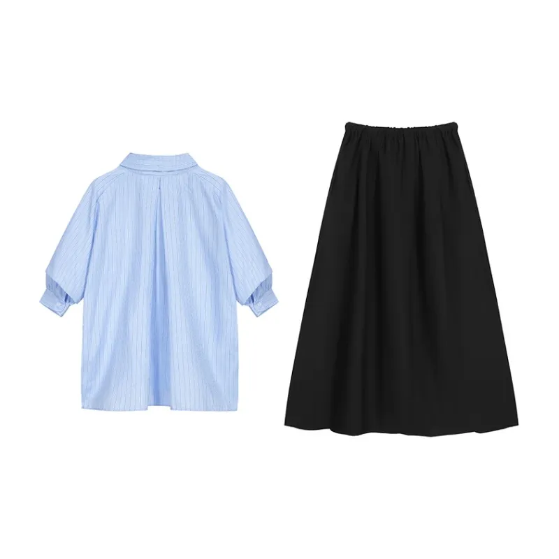 ETSE Two Piece Skirt Sets Women's Clothing Sets Blue Top+Black Bottom-1