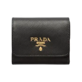 PRADA Saffiano Leather Wallet Mini Women's Black With Light Pink