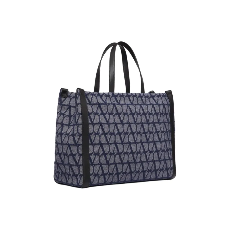 Valentino Jacquard Fabric Tote Bag Shopping Bag Handbag Medium Size Men's Denim Patchwork Black-1